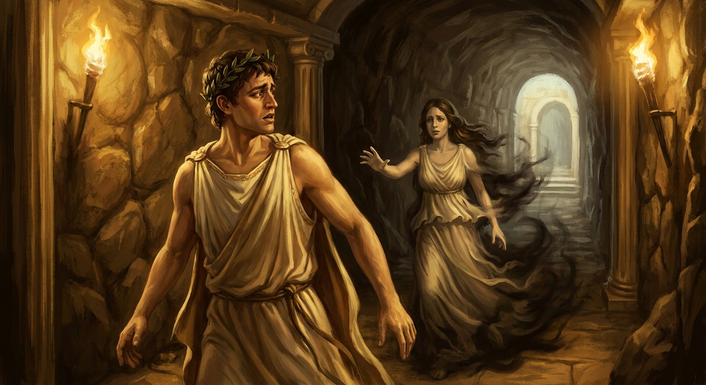 Orpheus turning at the threshold of the Underworld, his face stricken, as Eurydice, an unmistakably adult woman in pale drapery, fades backward into shadows with an outstretched hand, torchlit stone passage and a faint glow of daylight ahead