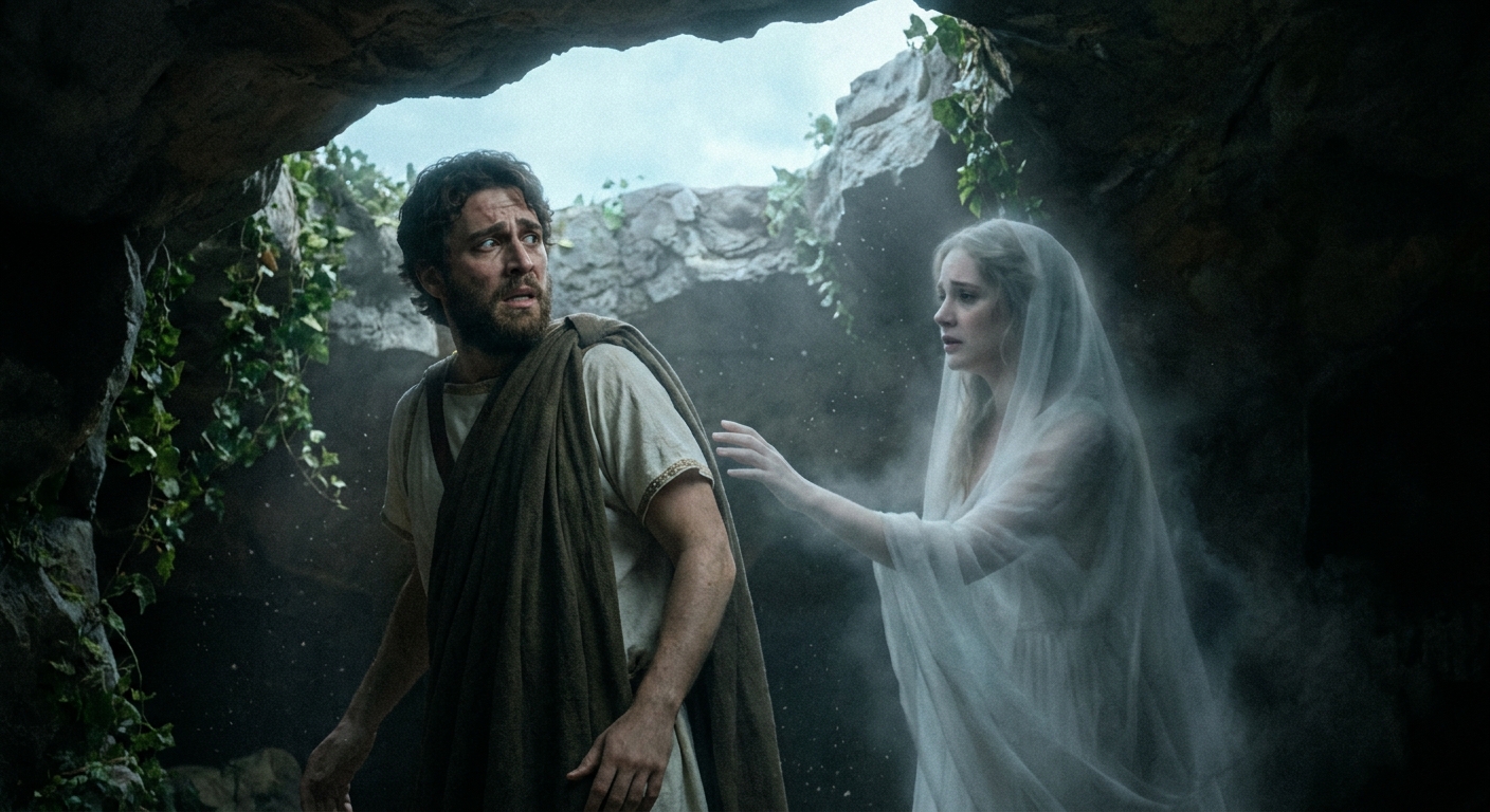 Orpheus turning his head in panic at the mouth of the Underworld as pale daylight spills in; Eurydice stands behind him reaching out, already fading into mist, their hands almost touching, high emotion and tragic tension