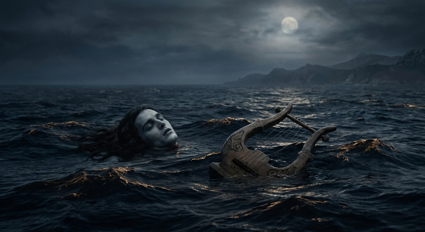 Orpheus’s lyre and severed head floating on a dark, moonlit sea toward the distant shore of Lesbos; waves glinting like bronze, mournful atmosphere, cinematic realism with mythic tone