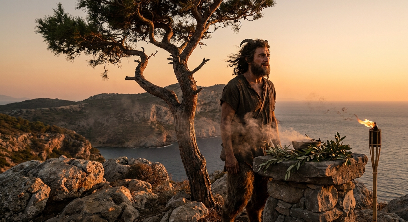 Pan, an adult goat-foot god, standing beneath a newly transformed pine tree on a rocky Arcadian cliff, wind whipping his hair and fur, face caught between desire and loss, laurel and torch smoke near a rough stone altar, dramatic sunset light, cinematic painterly realism