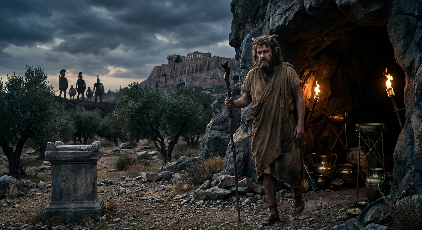 Pan as an adult Greek god emerging from a shadowy cave shrine beneath the Acropolis, torchlight and bronze offerings glinting, distant hoplite silhouettes under a stormy sky, cinematic painterly realism, ancient Greece