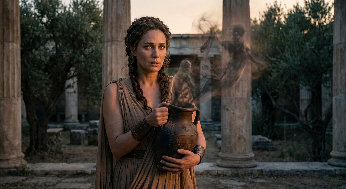 Pandora, an unmistakably adult woman with luminous eyes and intricate Greek drapery, holding an ancient clay jar as dark smoke and faint spectral shapes spill out into a temple courtyard at dusk, divine light catching on her bracelets, cinematic realism