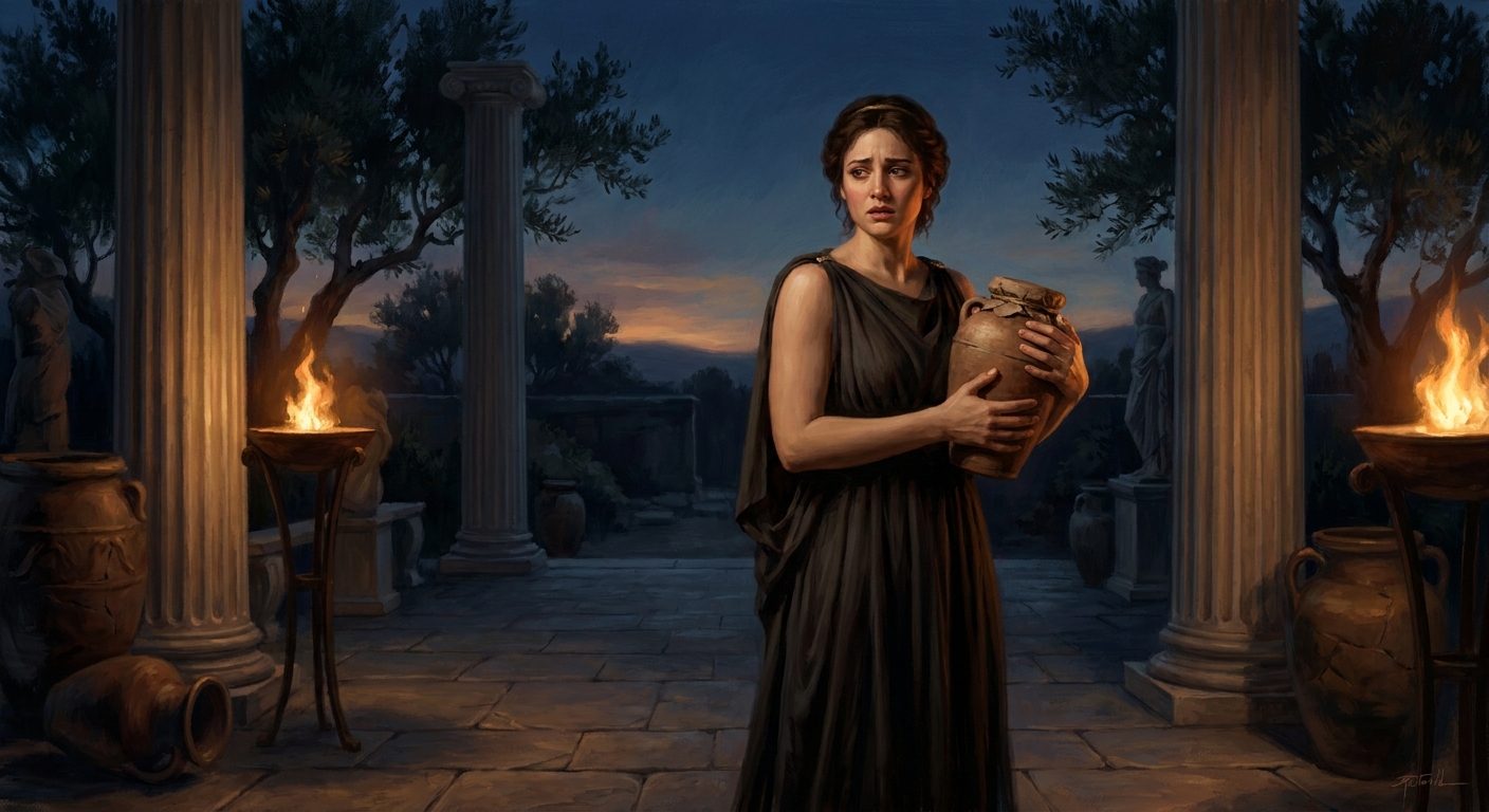 Pandora standing in an ancient Greek courtyard at twilight with olive trees and marble columns, holding a sealed clay jar close to her chest, her expression caught between dread and longing, warm torchlight and deep shadows, cinematic painterly realism