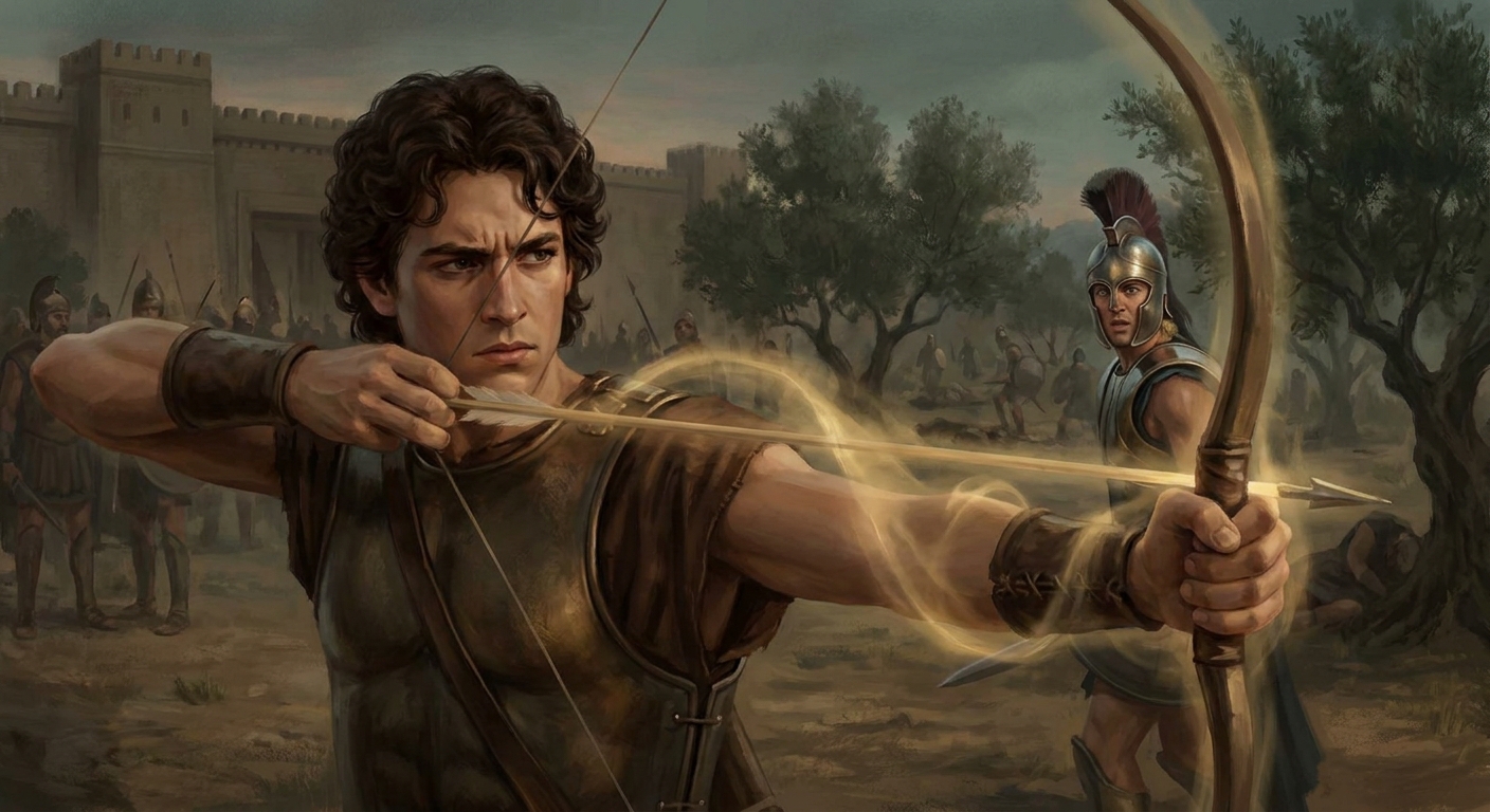 Paris, an adult Trojan prince, drawing a bow as a faint divine glow of Apollo guides the shot, Achilles in the mid-distance turning in shock on a battlefield near Troy, dramatic light and tension, cinematic painterly realism