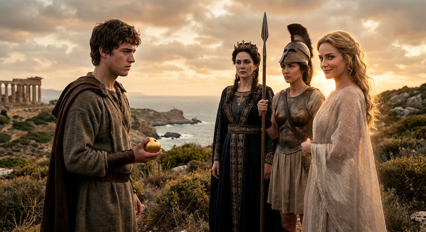 Paris, an adult Trojan prince in rustic finery, standing on a wind-swept hillside with three adult goddesses before him, Hera regal and severe, Athena armored and watchful, Aphrodite luminous and confident, the tension of an irreversible choice in their eye contact