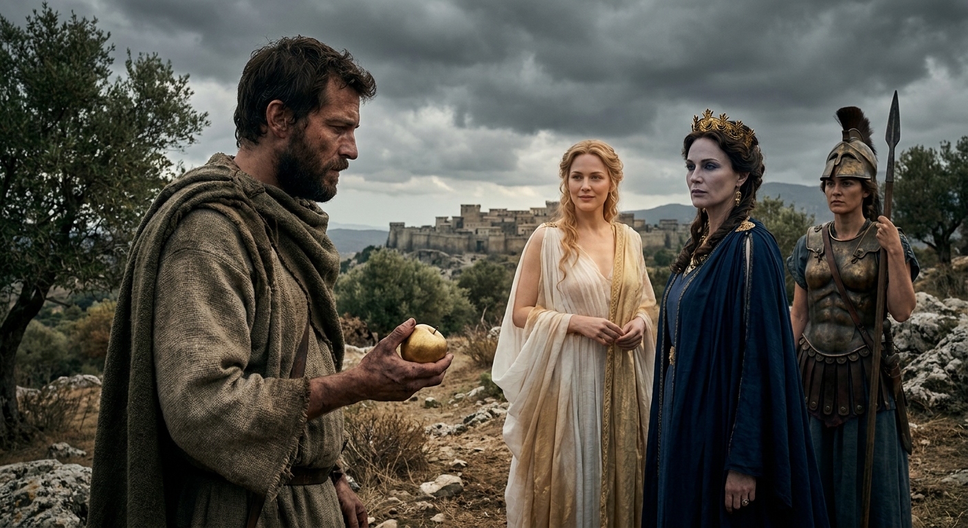 Paris, an adult Trojan prince in travel-worn garments, holding a golden apple on a hillside, facing three adult goddesses: Aphrodite luminous and serene, Hera regal and cold, Athena armored and watchful, with stormy skies over distant Troy, cinematic composition and dramatic light