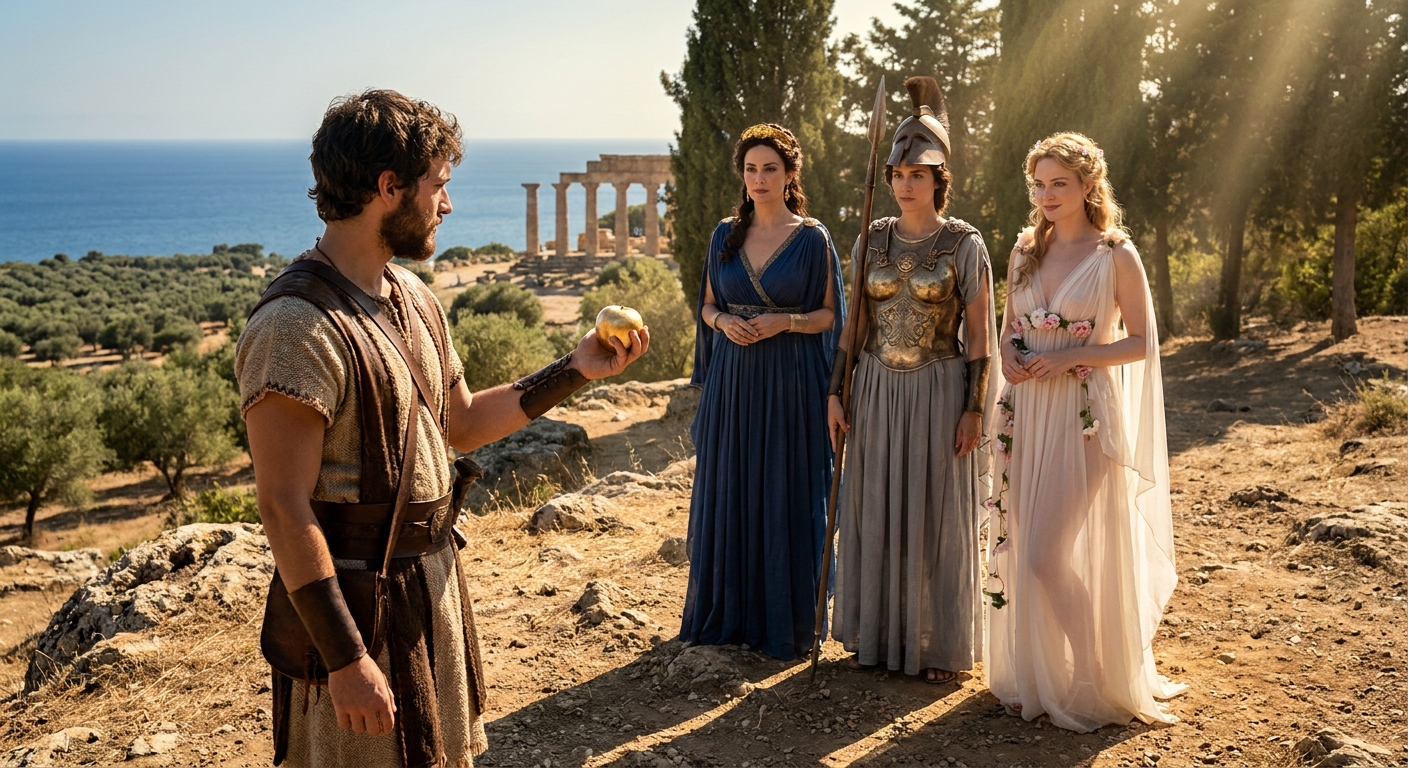 Paris, an adult Trojan prince on a sunlit hillside, holding a golden apple while Hera, Athena, and Aphrodite stand before him in divine splendor, each poised with controlled expressions and subtle rivalry, ancient Greek landscape, cinematic realism