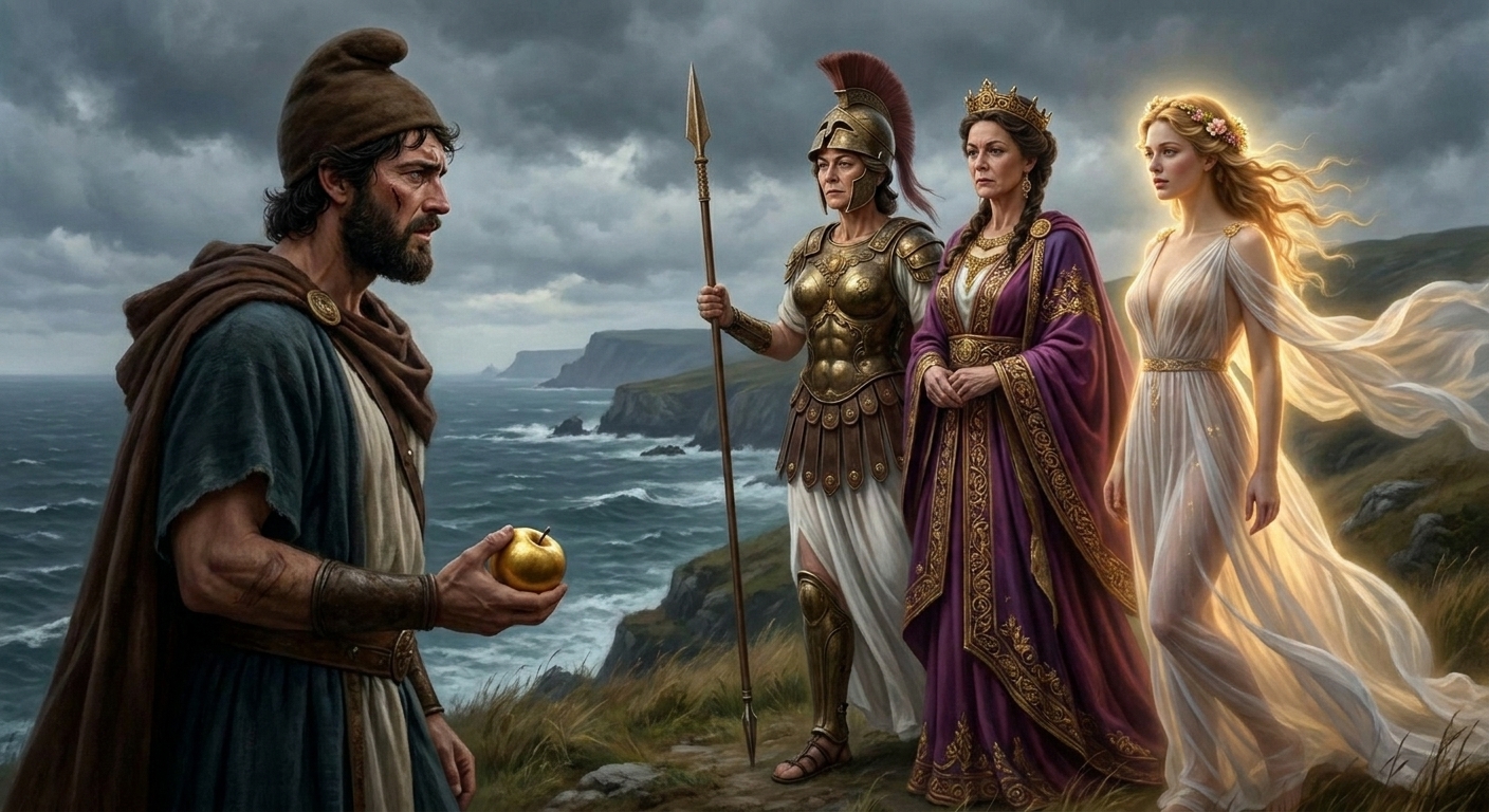 Paris, an adult Trojan prince, standing on a windy hillside holding a golden apple as Athena in armor, Hera in regal robes, and Aphrodite radiant and alluring face him in tense stillness, distant sea cliffs and stormy sky, cinematic painterly realism
