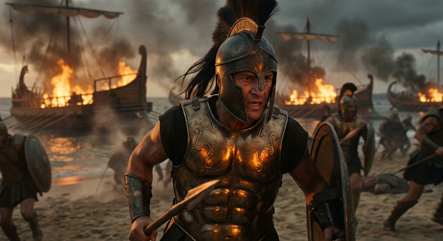 Patroclus, an adult warrior, wearing Achilles’ distinctive bronze armor and helmet, charging into battle near Greek ships with flames and smoke behind him, urgent expression, cinematic realism