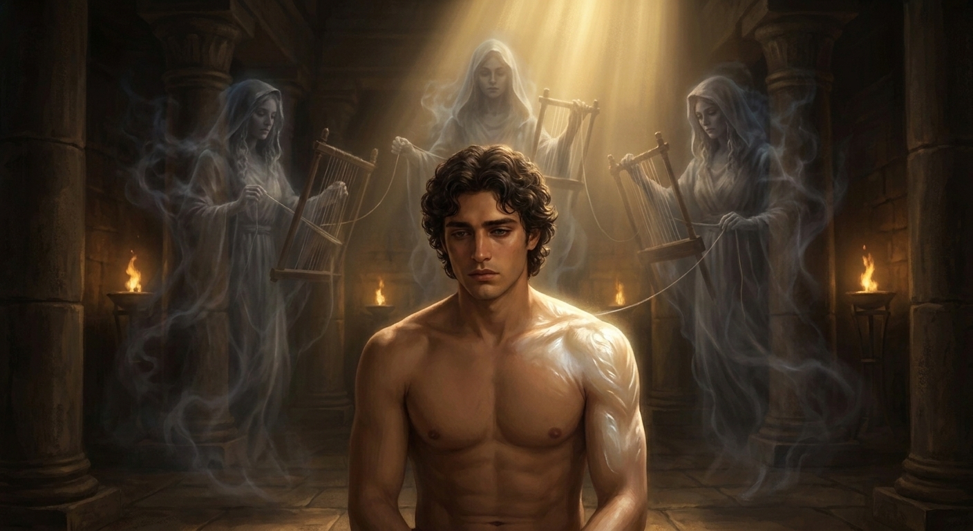 Pelops as a beautiful young man in a dim temple-like chamber, his shoulder gleaming as pale ivory under divine light while shadowy figures representing the Fates hover nearby with a sense of solemn power, cinematic myth drama