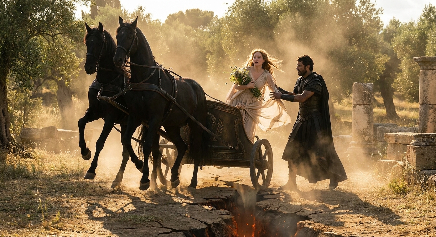 Persephone, an adult goddess in pale drapery clutching wildflowers, being seized by Hades in a bronze chariot as the ground splits open in a sunlit meadow, dramatic dust and divine shadows, cinematic realism