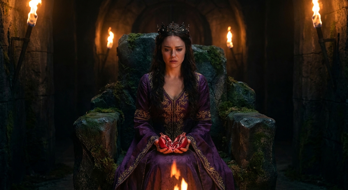 Persephone, an adult queenly goddess seated in an underworld palace of dark stone, holding a split pomegranate with glistening seeds, her expression conflicted and luminous, torchlight and deep shadows, cinematic myth realism