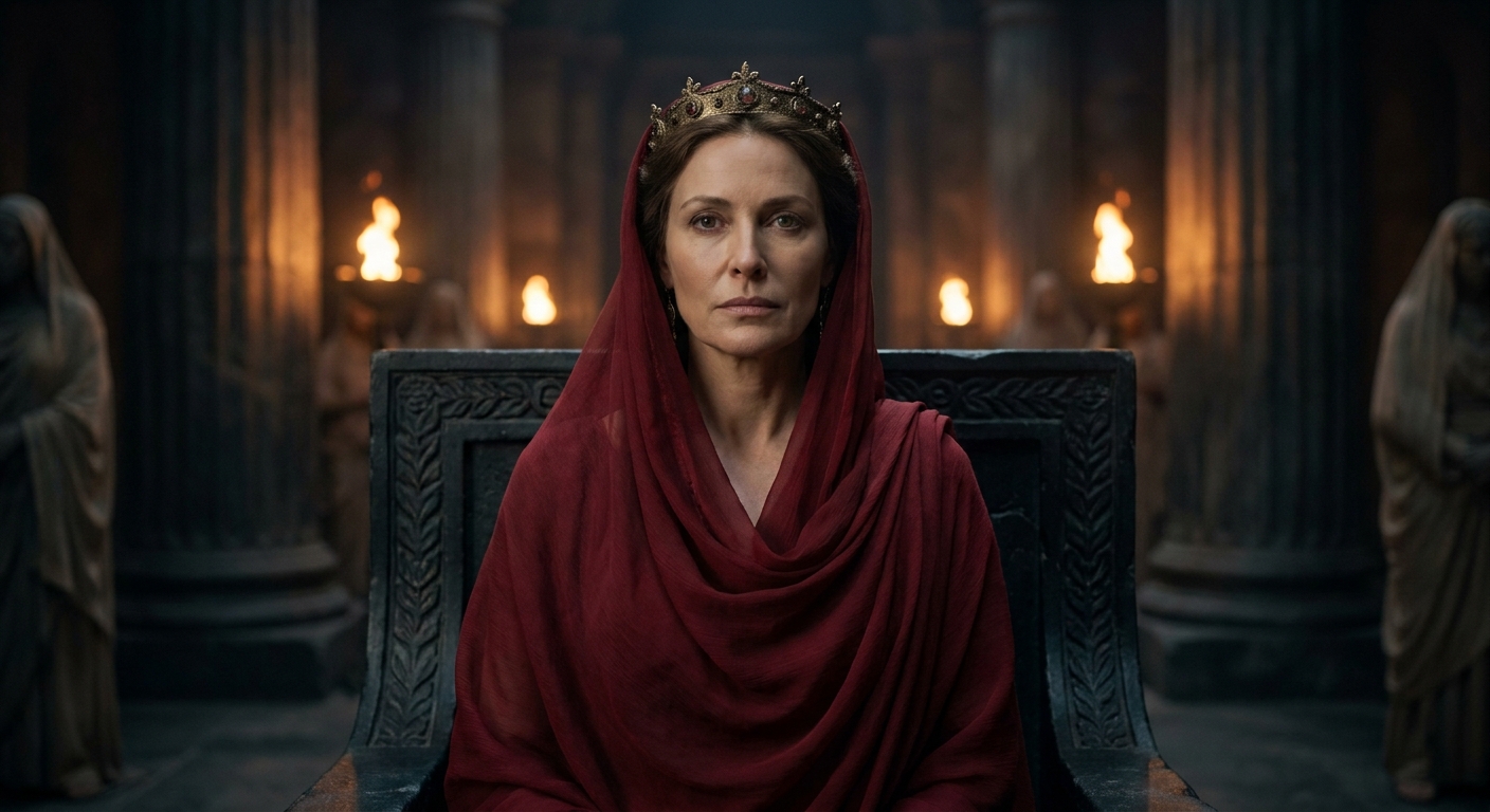 Persephone as an unmistakably adult queen seated on a dark stone throne in the Underworld, wearing a pomegranate-red veil and a subtle gold crown, eyes steady and commanding, torches and shadowed columns behind her, cinematic shallow depth of field