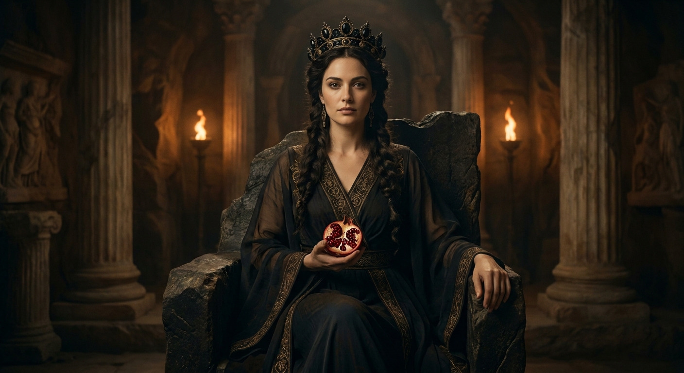 Persephone seated on a dark stone throne in the Underworld, wearing a black and gold crown, holding a pomegranate with a few seeds missing, her expression calm and powerful, shadows and faint torchlight around marble pillars, cinematic painterly realistic myth drama