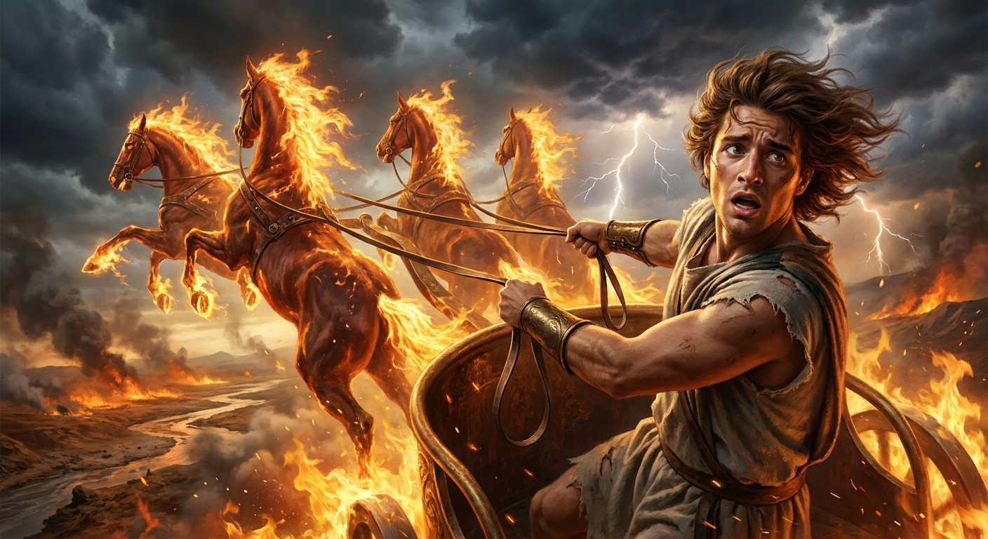Phaethon, a young adult man with a terrified expression and wind-whipped hair, clinging to the reins of a blazing sun chariot as the horses rear and bolt out of control, the earth below scorched with smoke and fire, Zeus’s storm clouds gathering, cinematic high contrast