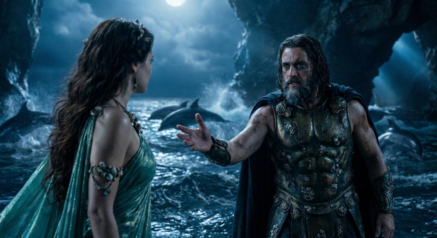 Poseidon, an adult god with storm-dark eyes and wet bronze armor, reaching toward Amphitrite as she turns away in a moonlit sea-grotto, dolphins breaking the surface behind them, cinematic tension and dramatic light