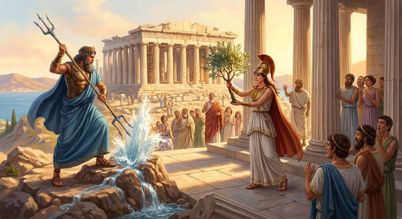 Poseidon and Athena facing each other on the Acropolis in ancient Athens, Poseidon striking marble with a trident as saltwater surges up, Athena presenting an olive tree, citizens in ancient Greek clothing watching beneath warm sunlight and towering marble columns