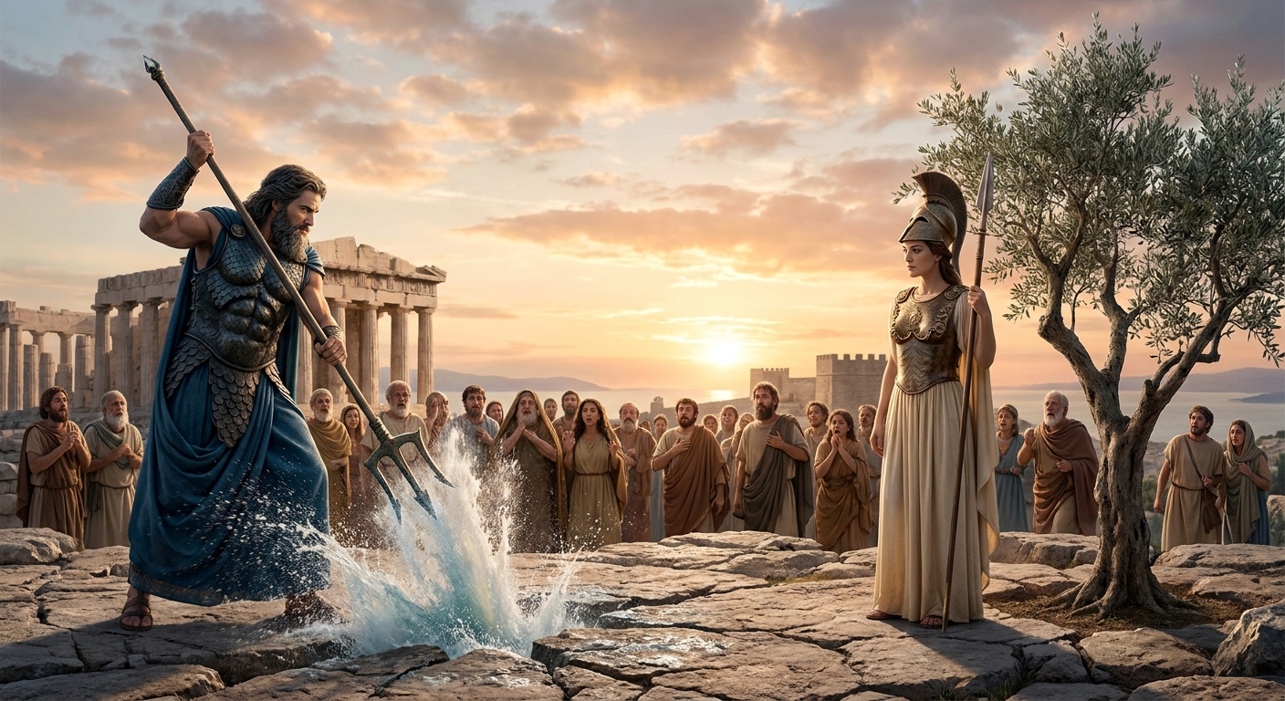 Poseidon and Athena facing each other on the Acropolis at dawn, Poseidon driving his trident into stone as seawater bursts up, Athena standing calm beside a newly sprung olive tree, gathered Athenians watching in awe