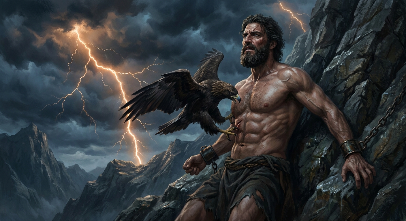 Prometheus, an adult Titan chained to a windswept mountain cliff, muscles tense and face set in defiant pain as a massive eagle tears at his liver under storm-dark skies, cinematic myth drama lighting