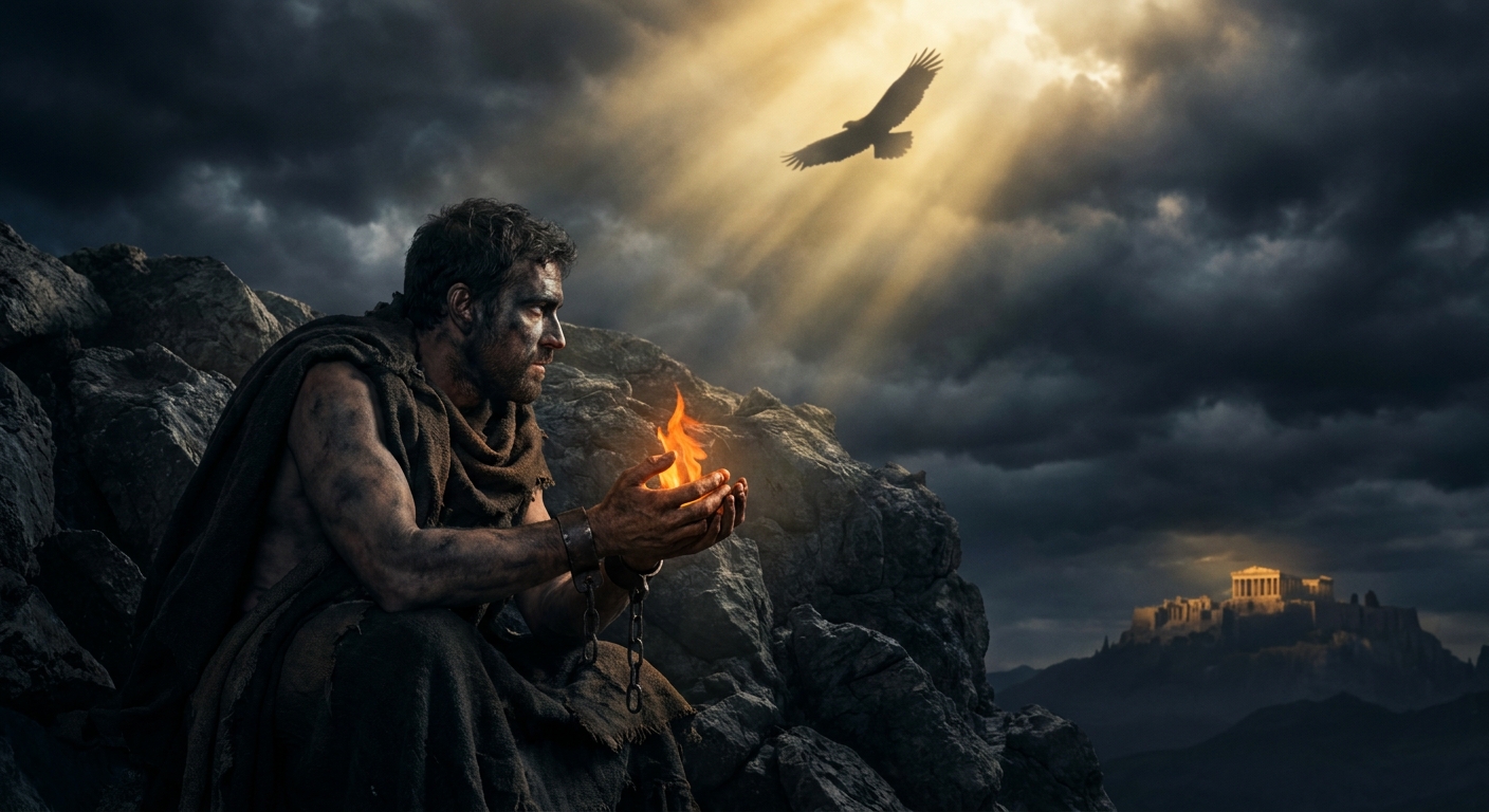 Prometheus, an adult titan with chained wrists and ash-streaked skin, clutches a stolen flame against a night sky as Olympus glows in the distance; Zeus’s divine light cracks through clouds, an eagle’s silhouette circling, dramatic cinematic painterly realism