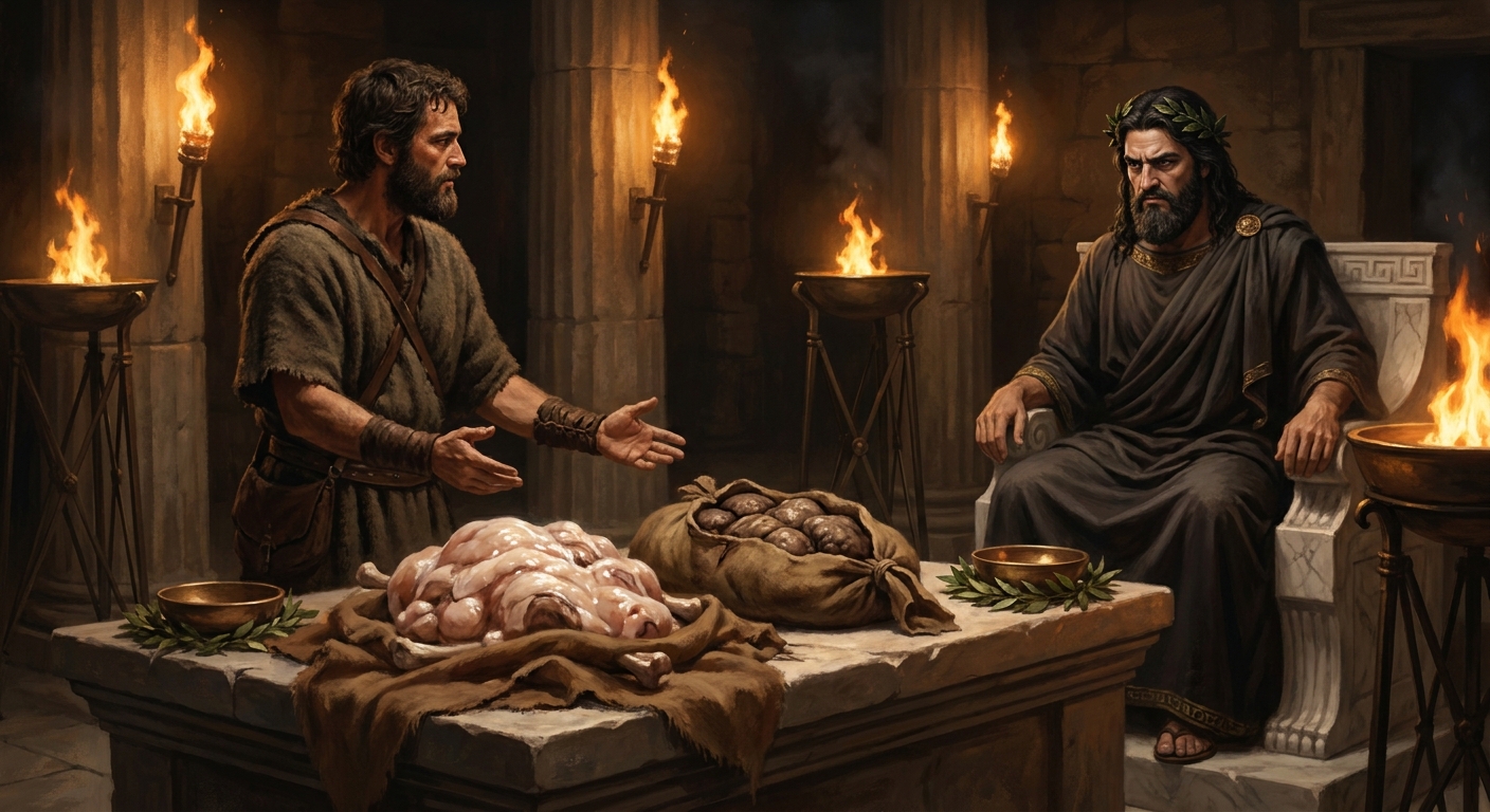 Prometheus presenting two sacrificial portions to Zeus in a torchlit Greek sanctuary, one heap of gleaming fat covering bones and one heap concealing rich meat and edible innards within the stomach, Zeus watching with cold suspicion, painterly cinematic realism