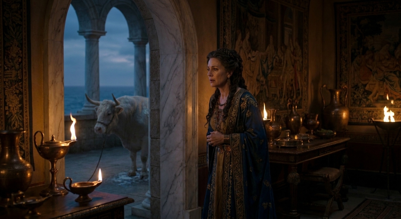 Queen Pasiphae, unmistakably adult, in an opulent palace chamber lit by oil lamps, her face caught between longing and dread as she watches a powerful bull beyond a colonnade