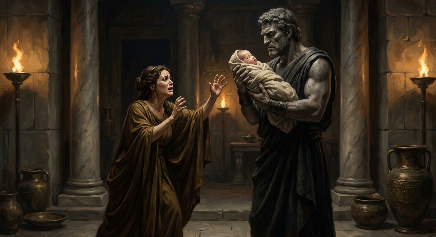 Rhea, an adult Titan queen in flowing dark-gold robes, recoiling in grief as Cronus, a towering adult Titan with a stone-cold expression, lifts a swaddled newborn toward his mouth; torchlit palace shadows, intense emotional realism, ancient Greek myth atmosphere