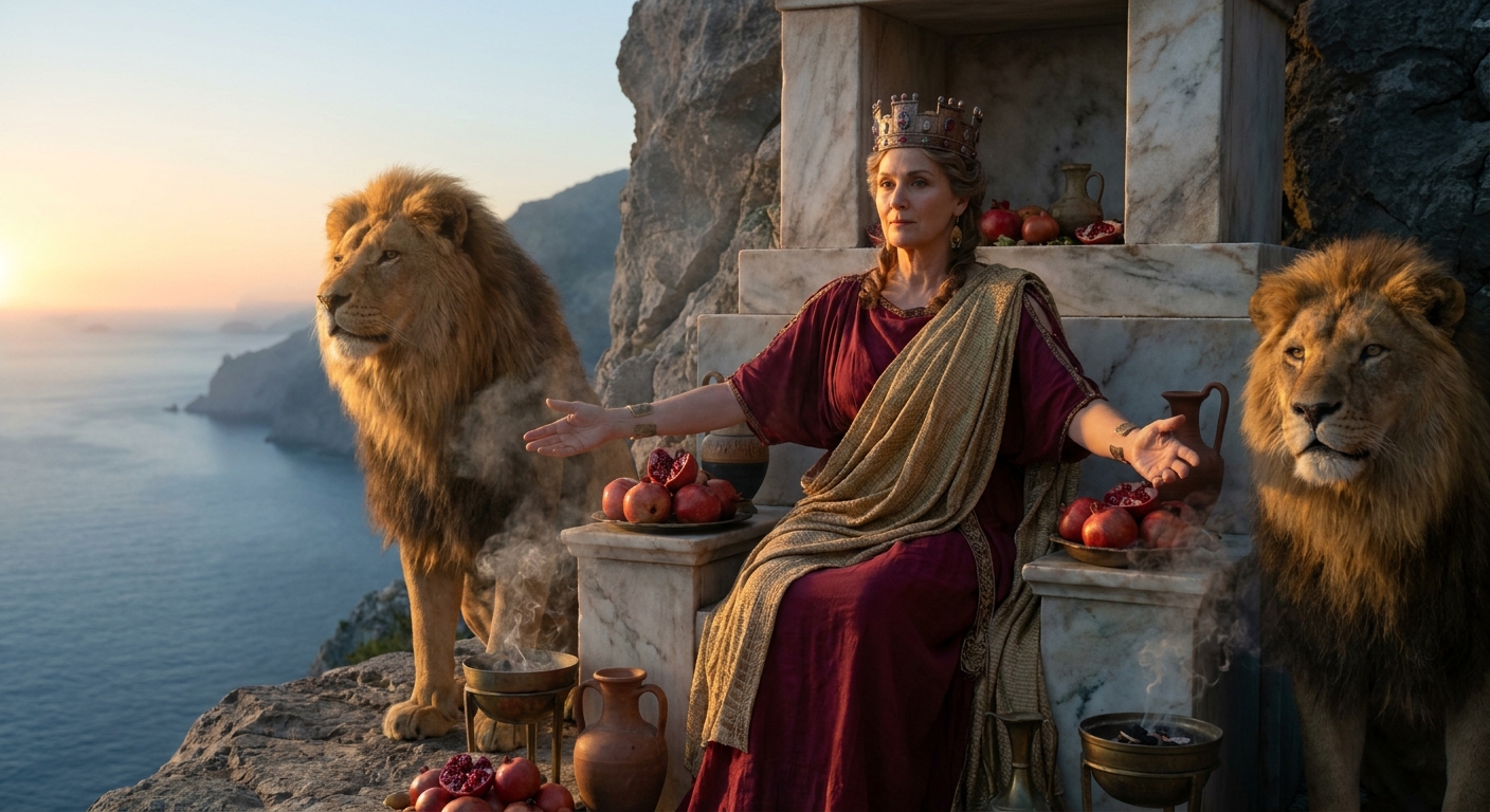 Rhea as the Great Mother at a mountain shrine above the sea, wearing a crown and rich drapery, flanked by calm lions, offerings and temple smoke in the air, sunrise lighting her face, cinematic realism