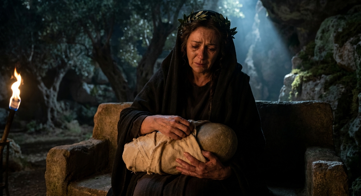 Rhea at night in a secluded mountain sanctuary, wrapping a large smooth stone in infant swaddling cloth with trembling hands, moonlight and torchlight mixing on her face, cinematic myth realism