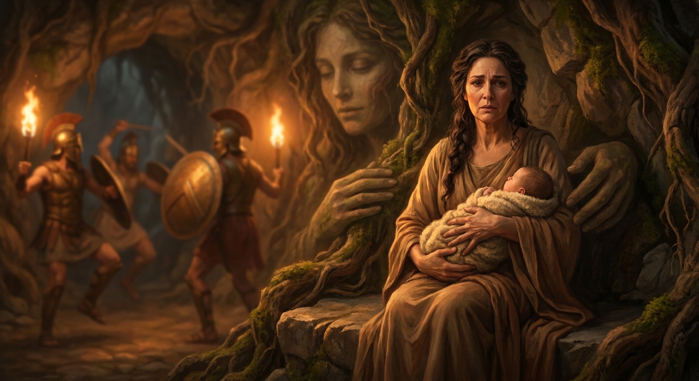 Rhea holding an infant Zeus inside a torchlit cave on Crete, Gaia implied as a vast maternal presence in the rock and roots, bronze-clad dancers blurred in the background, painterly cinematic realism, prestige fantasy film still