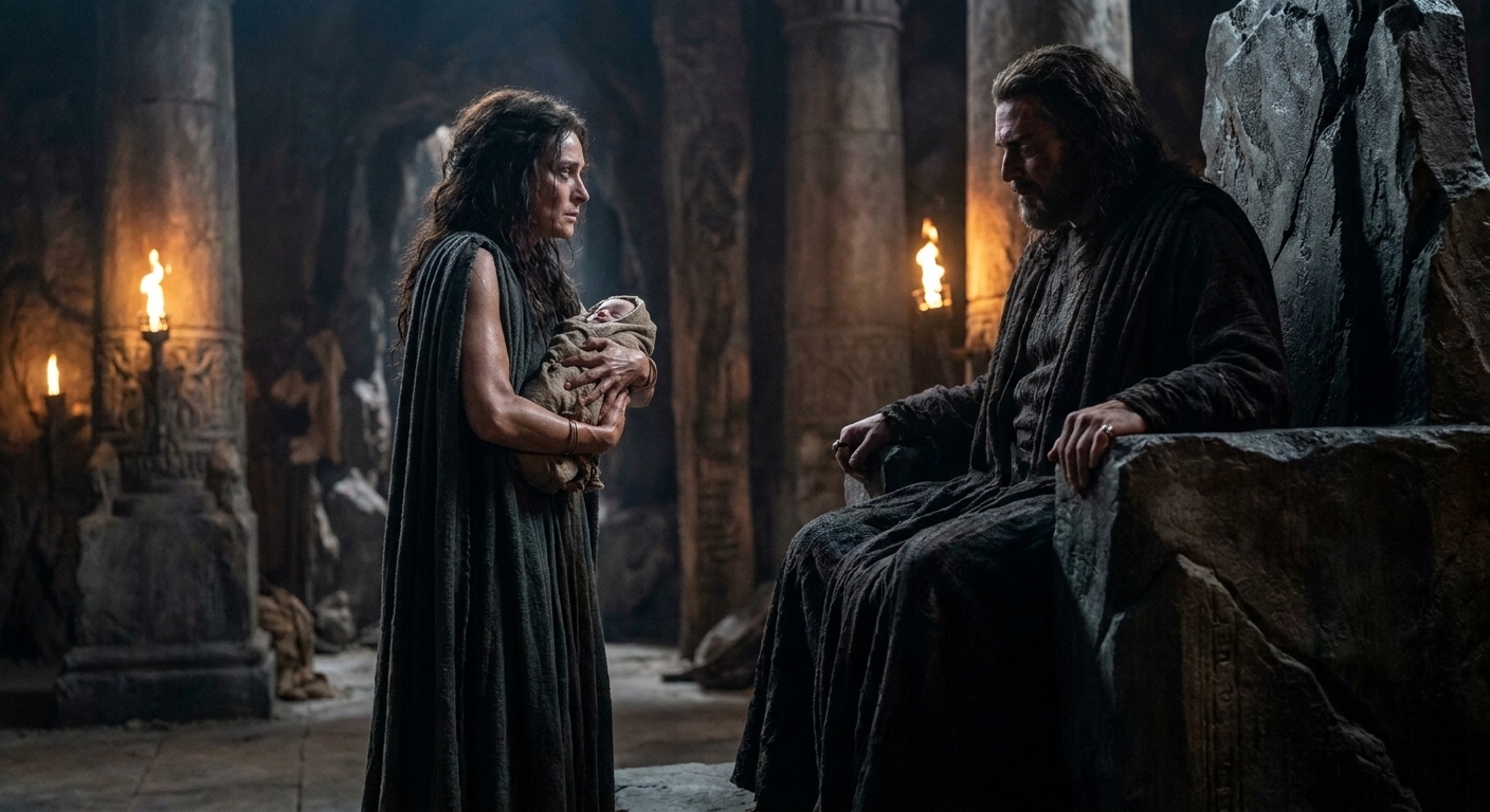Rhea standing in a shadowed Titan hall holding a bundle of baby-cloths that conceals a stone, facing Cronus on a dark throne, her expression controlled and cold with grief, dramatic torchlit ancient palace atmosphere