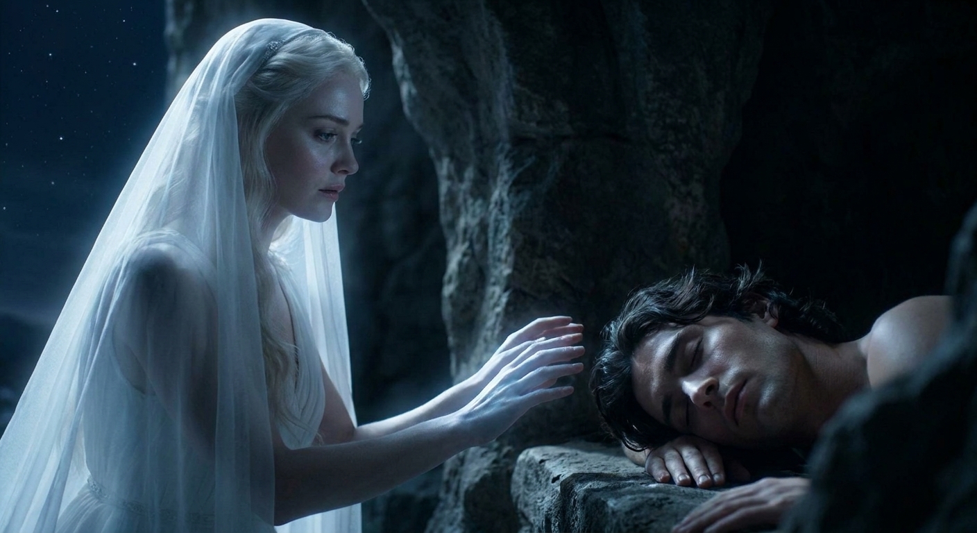 Selene, an adult moon-goddess with a luminous veil, stepping into a shadowed cave on Mount Latmus where Endymion, an adult mortal man, lies asleep on a stone ledge, moonlight spilling across his face and Selene’s hands as she reaches toward him with restrained longing, cinematic shallow depth of field, painterly realism, film-still composition, no modern elements