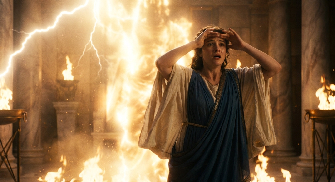 Semele, an adult Theban princess in flowing ancient Greek robes, recoiling in awe and terror as Zeus reveals his blazing divine form, lightning filling a palace chamber with gold-white fire, dramatic cinematic lighting