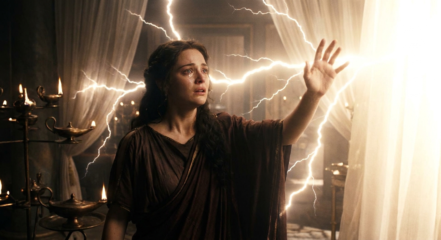 Semele, unmistakably adult, in a palace chamber with bronze lamps and veiled curtains, reaching toward Zeus as lightning brilliance floods the room, her face torn between awe and dread as divine light overwhelms mortal flesh, cinematic realism