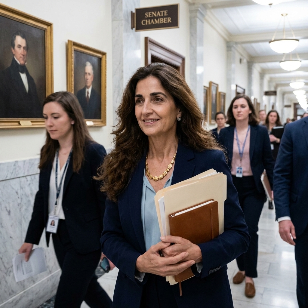 Senate staffers walking quickly in a hallway outside the Senate chamber with folders in hand, candid documentary photograph