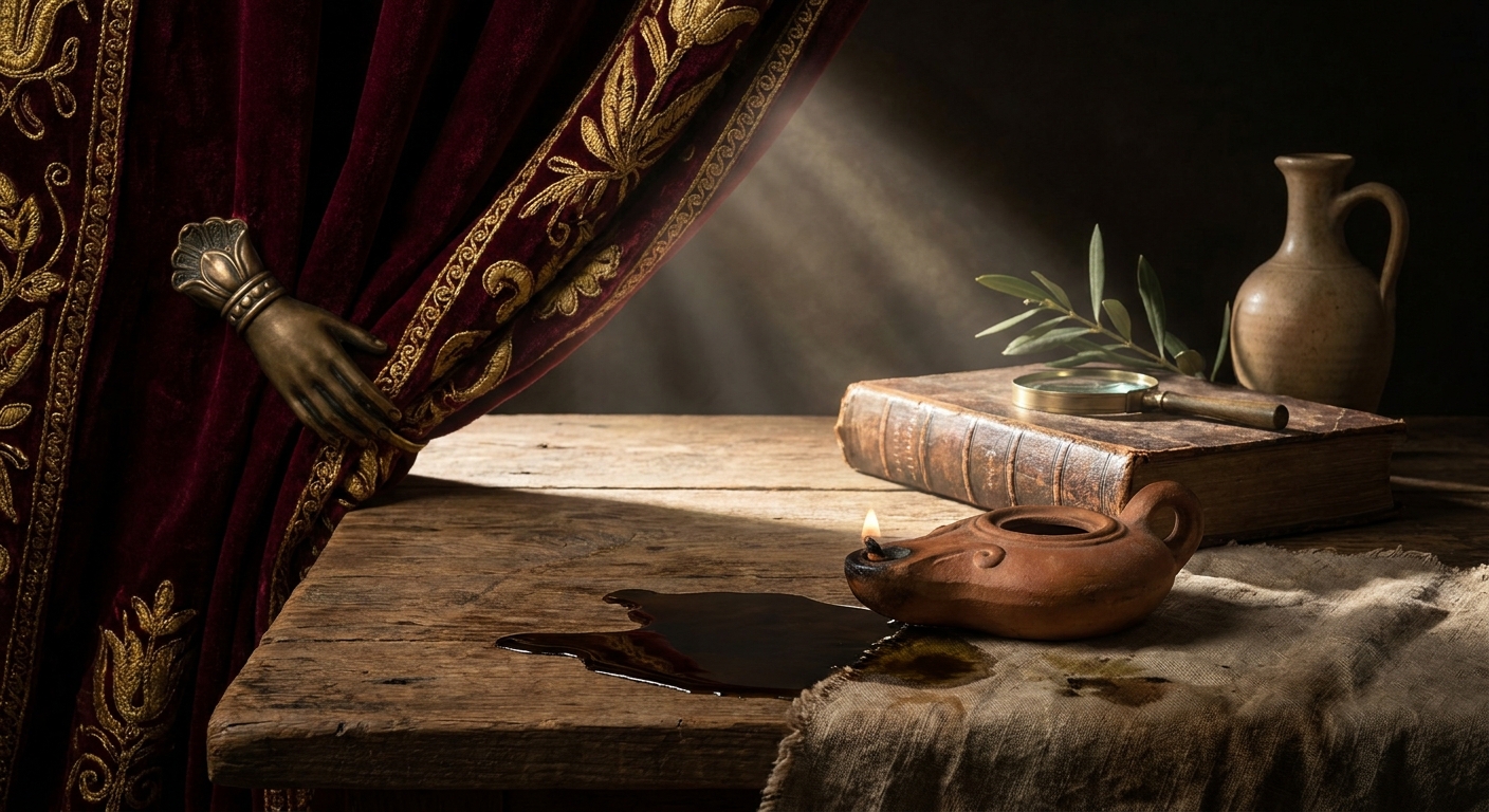 Still-life showing an ancient oil lamp, a small puddle of spilled oil, and a partially opened veil or curtain, visually linking curiosity, revelation, and consequence.