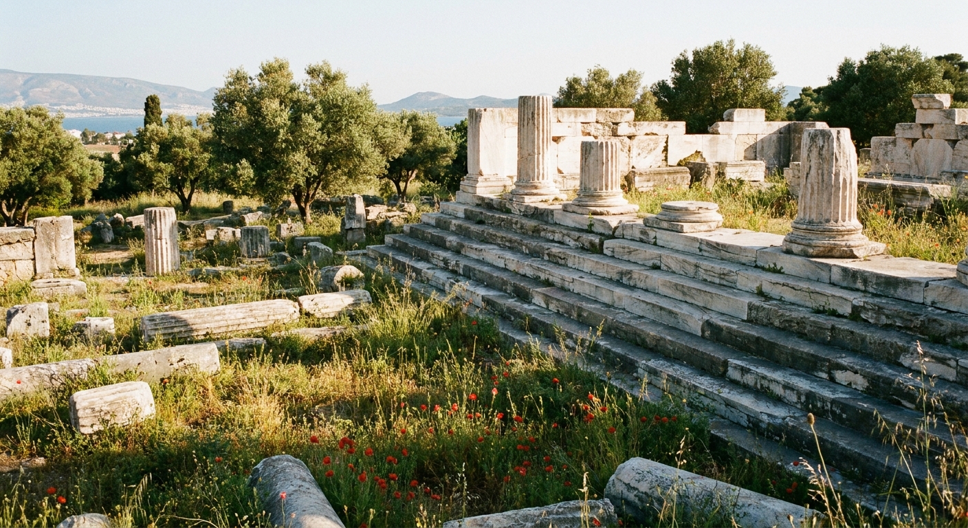 Sunlit ruins of an ancient Greek sanctuary at Eleusis with weathered stone steps and wild grasses, real travel photography style