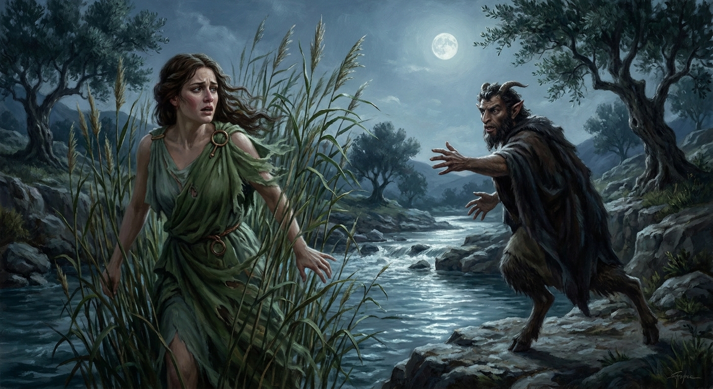 Syrinx as an adult nymph at the edge of a river turning into tall reeds as Pan reaches toward her, moonlit water, urgent motion, emotional tension, ancient Greek landscape with himation fabric and bronze pins, cinematic painterly realism