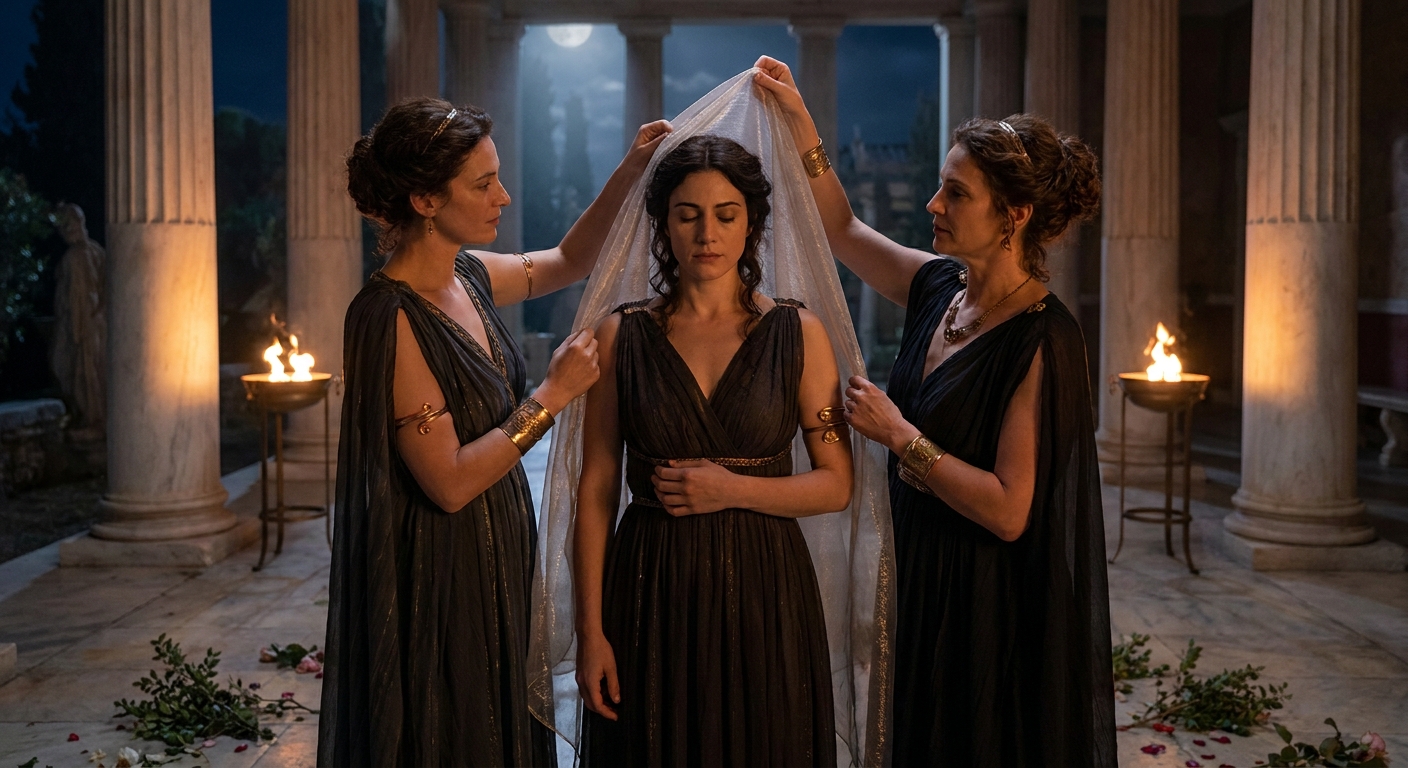 The Horae, adult goddesses of the seasons, gently adorning Aphrodite with a translucent veil and golden jewelry inside a moonlit marble colonnade, warm torchlight reflecting on bronze and alabaster skin, myrtle and roses scattered on the floor, intimate cinematic close focus