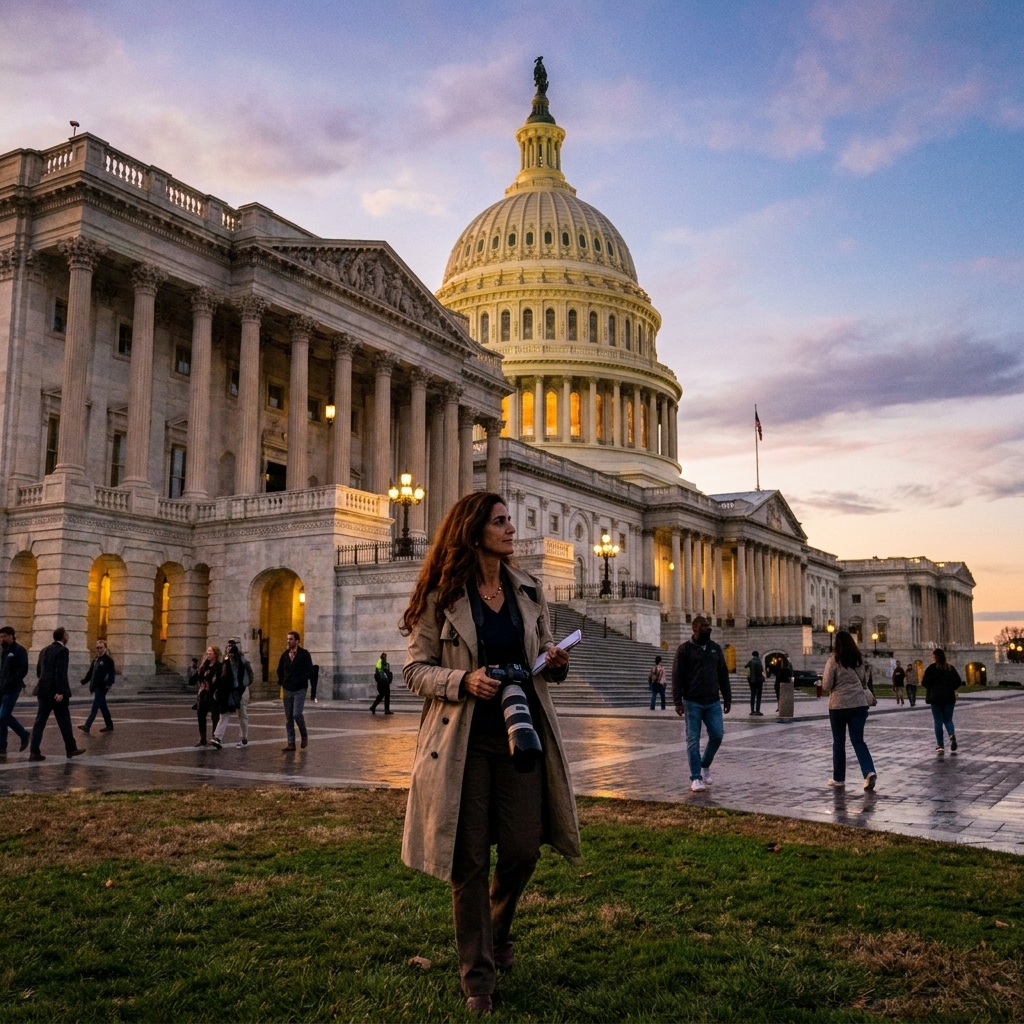 The United States Capitol building viewed from the Senate side in the evening light, with people walking on the grounds, news photography style