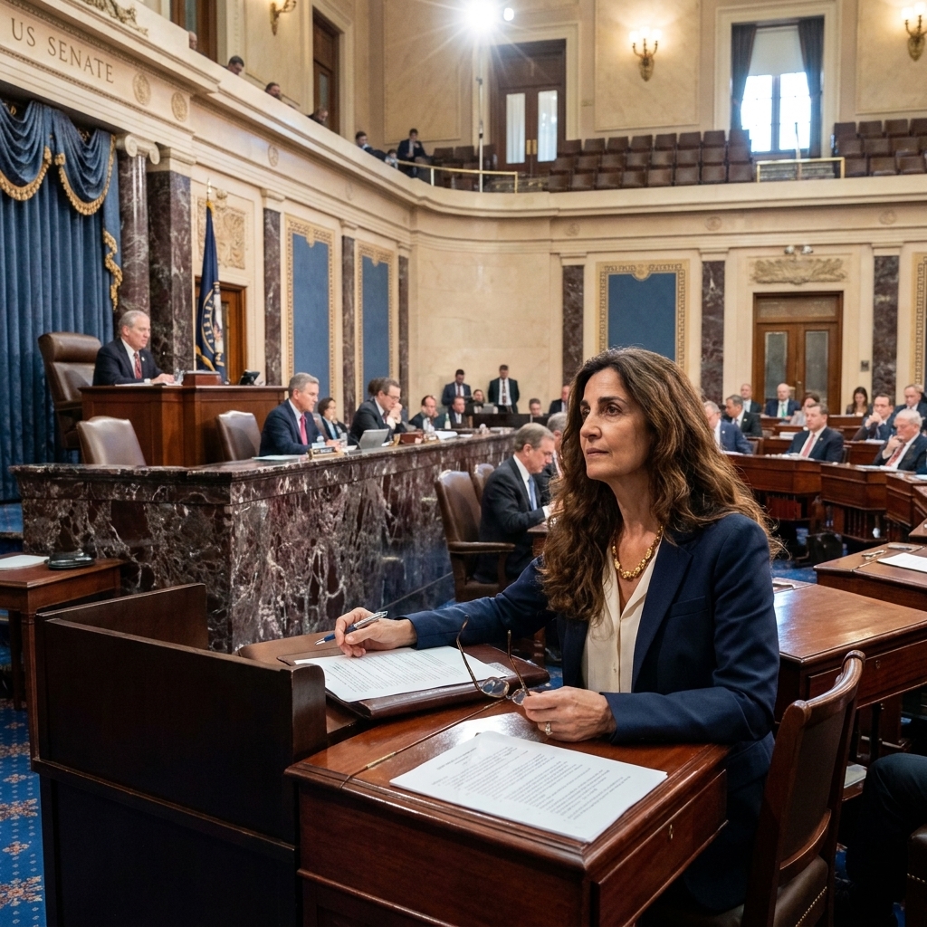The United States Senate chamber during an afternoon session, with senators seated at desks and the presiding officer visible, documentary-style photograph