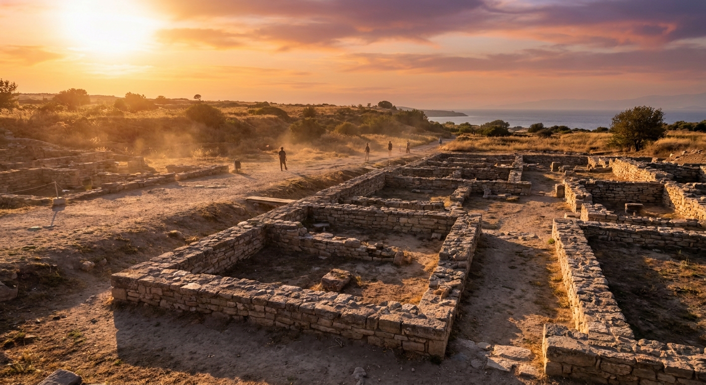 The archaeological ruins of ancient Troy at Hisarlik in Turkey during sunset with low stone walls and golden light, real travel photography style