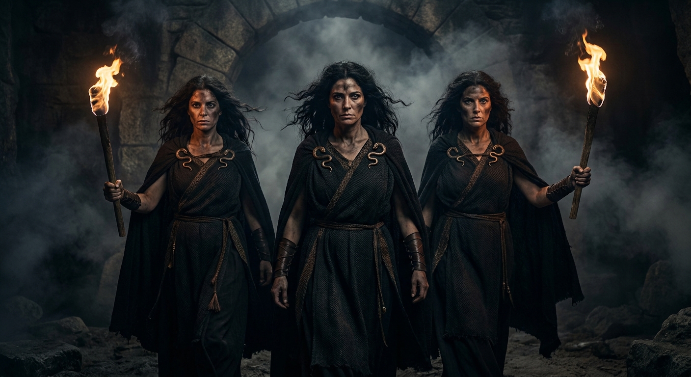 The three Furies, adult women with fierce eyes and storm-dark hair, stride from an underworld archway with torches and serpentine details in their garments; their expressions are relentless and unblinking, smoke and shadow behind them, cinematic painterly realism