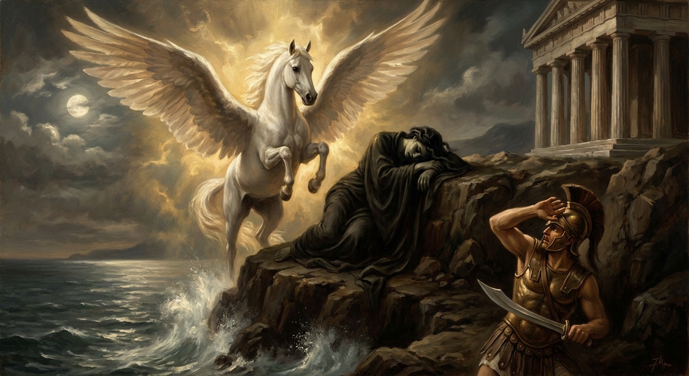 The winged horse Pegasus surging into life from Medusa's fallen form on a rocky sea cliff near an ancient temple, moonlit spray rising from the Aegean below, Perseus in bronze armor recoiling as divine light catches Pegasus' wings
