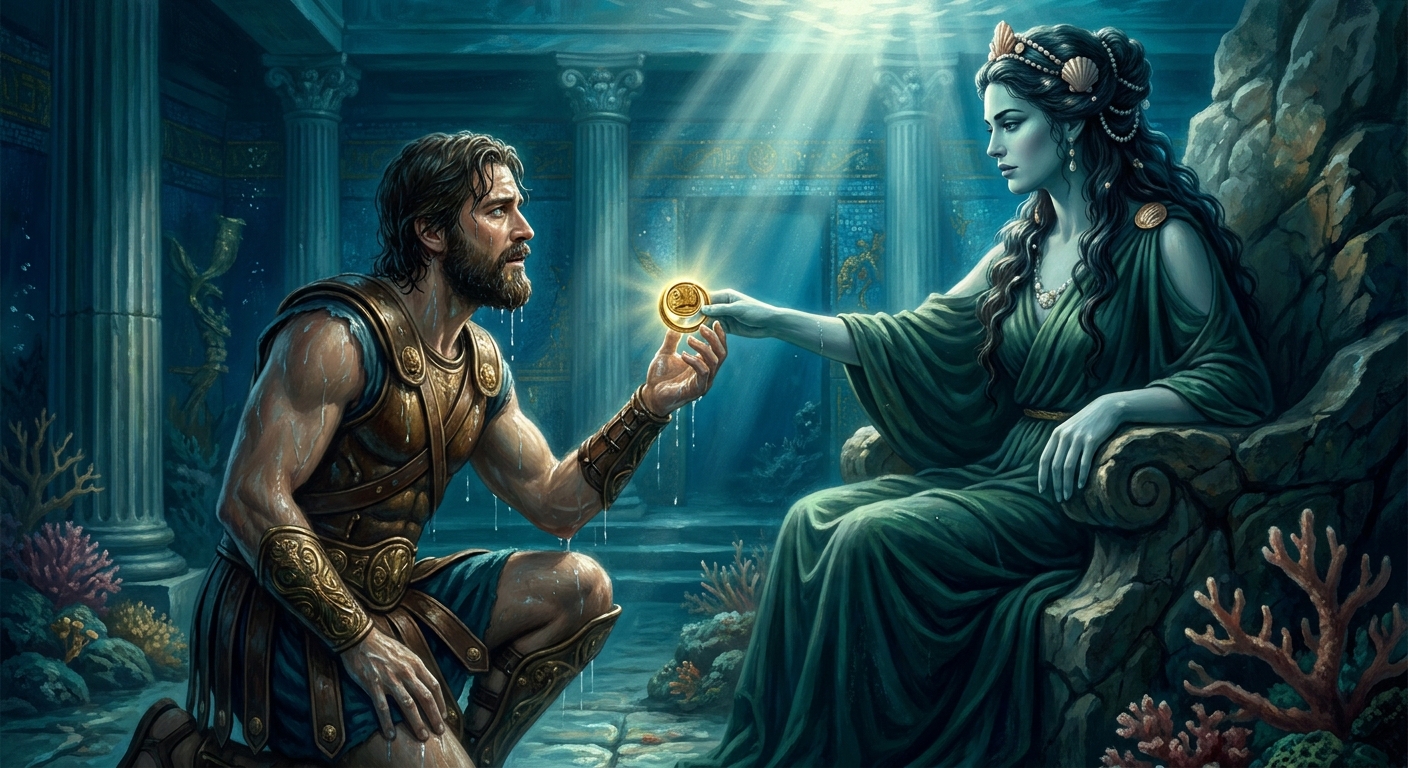 Theseus, an adult Greek hero dripping seawater, kneeling in an underwater palace as Amphitrite regards him with cool regal calm, a golden ring gleaming between them, shafts of light cutting through dark blue depths