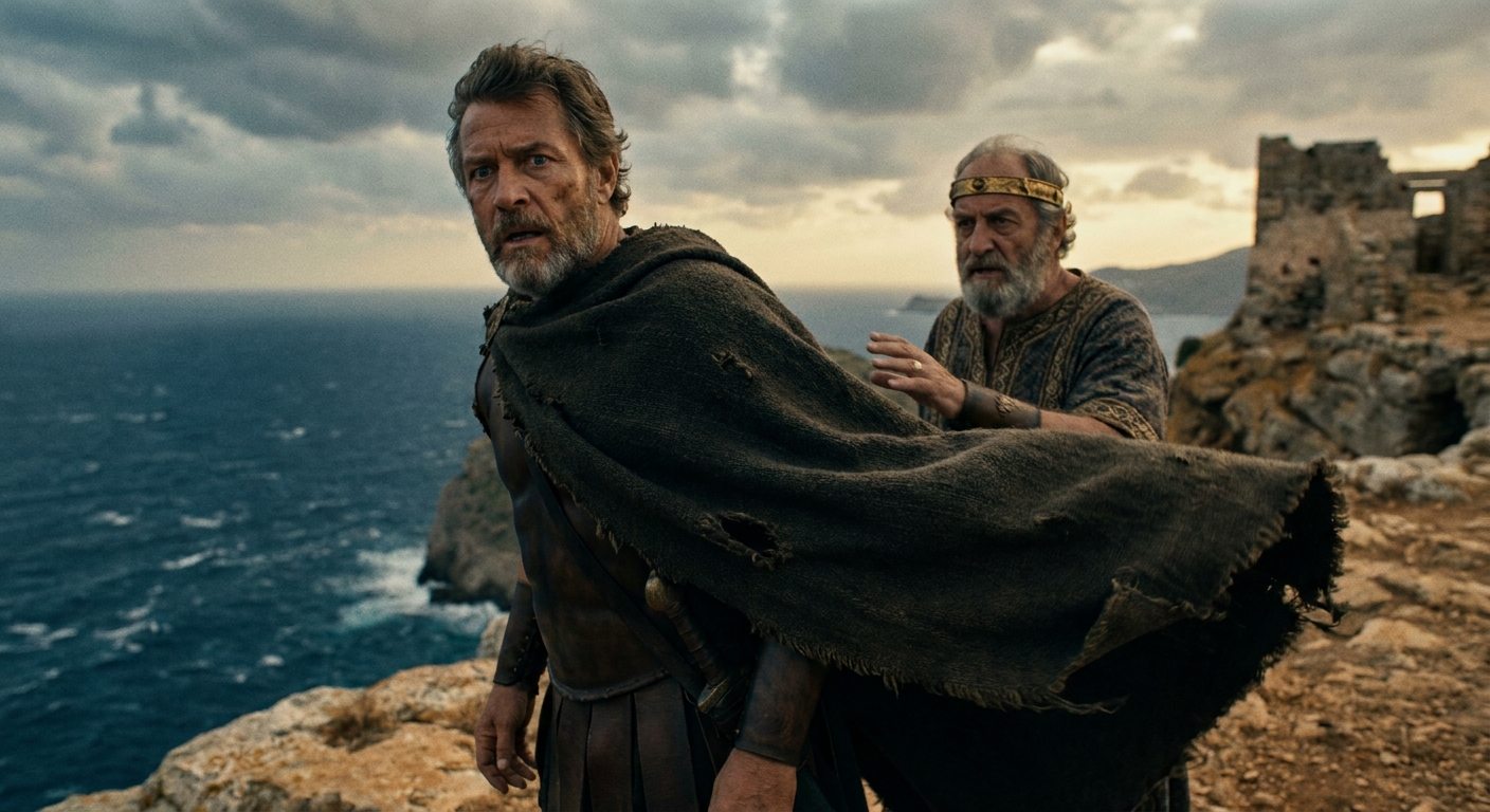 Theseus, an adult Greek king in a travel-worn cloak, standing on a high rocky cliff on the island of Skyros as a wary king gestures behind him, the sea far below, wind whipping fabric, Theseus turning with shock as betrayal lands, cinematic realism, painterly atmosphere