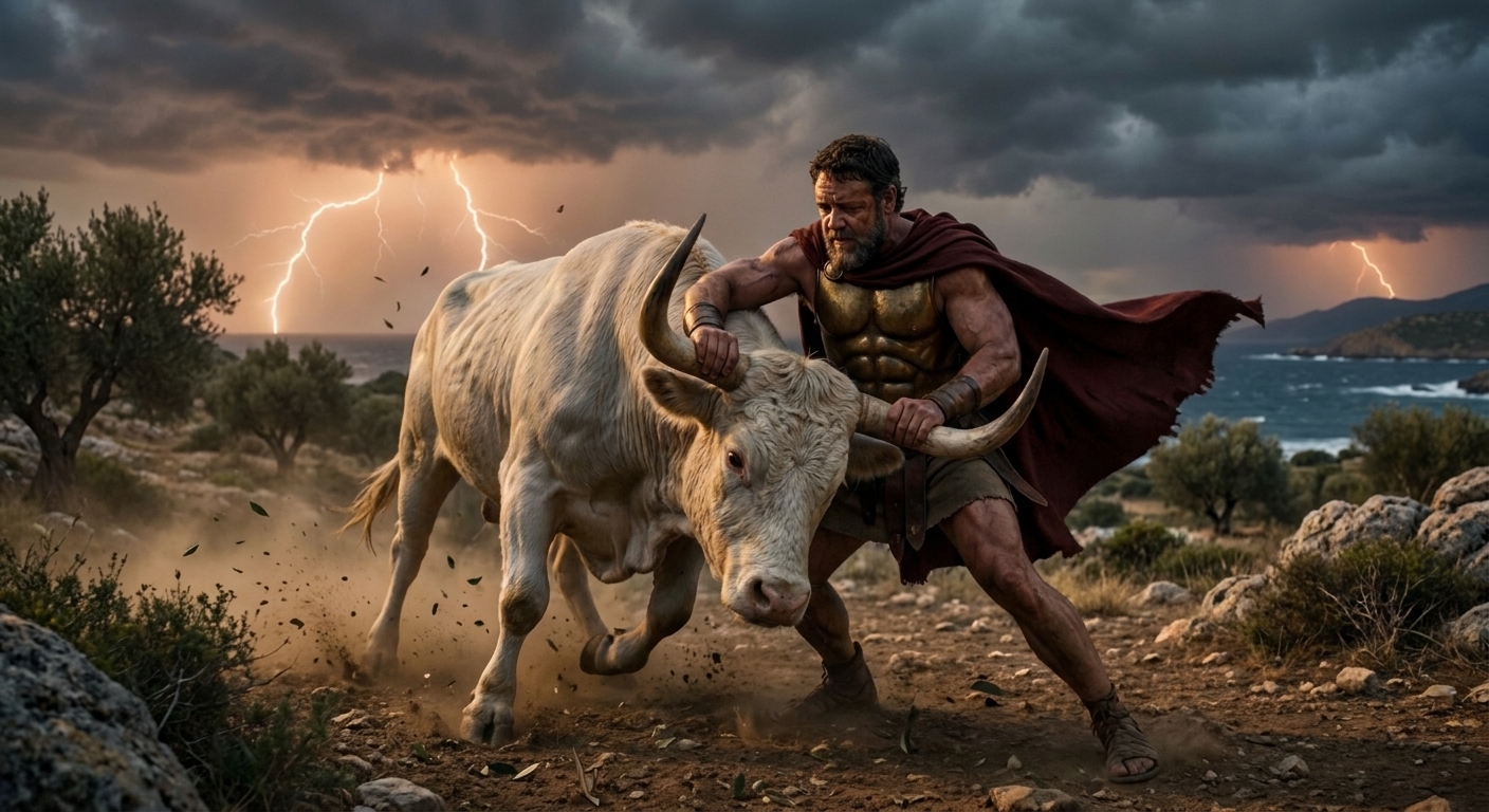 Theseus, an athletic adult hero in a short bronze cuirass and wind tossed cloak, bracing as he grips a powerful bull by the horns on the plains of Marathon under a storm lit sky
