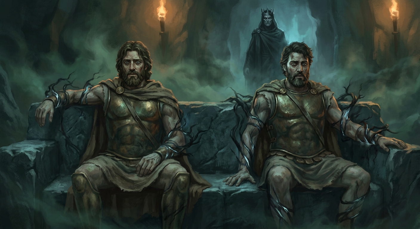 Theseus and Pirithous, adult Greek heroes in travel-worn cloaks and bronze gear, seated on an eerie stone bench in the Underworld, their bodies subtly immobilized as shadowy roots or spectral bindings creep around them, Hades watching from a distance with cold composure, dim torchlight and greenish mist, cinematic painterly realism
