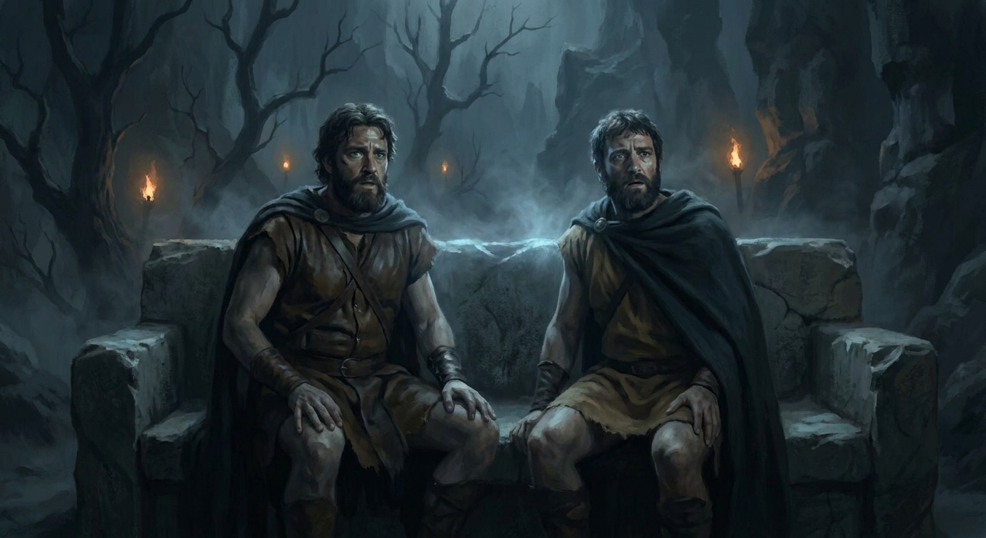 Theseus and Pirithous, two adult Greek heroes, seated and trapped on an ancient stone bench in the Underworld, their faces strained with dawning horror, shadows and cold blue light around them, faint silhouettes of dead trees and distant torches, cinematic painterly realism