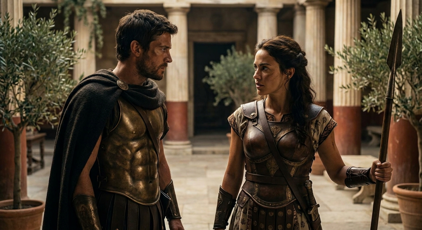 Theseus and an adult Amazon queen facing each other in tense intimacy inside an Athenian palace courtyard, she wears leather and bronze with a spear at her side, he in a cloak and bronze armor, their expressions mixing desire and distrust, olive trees and marble columns behind them, cinematic painterly realism